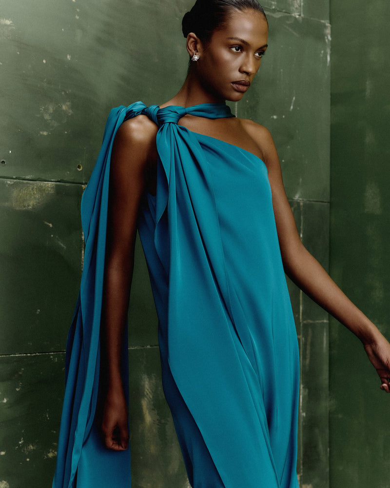 Shoulder-Knot Sash One-Shoulder Satin Evening Gown