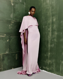 Crew-Neck Cape-Style V-Back Satin Evening Gown