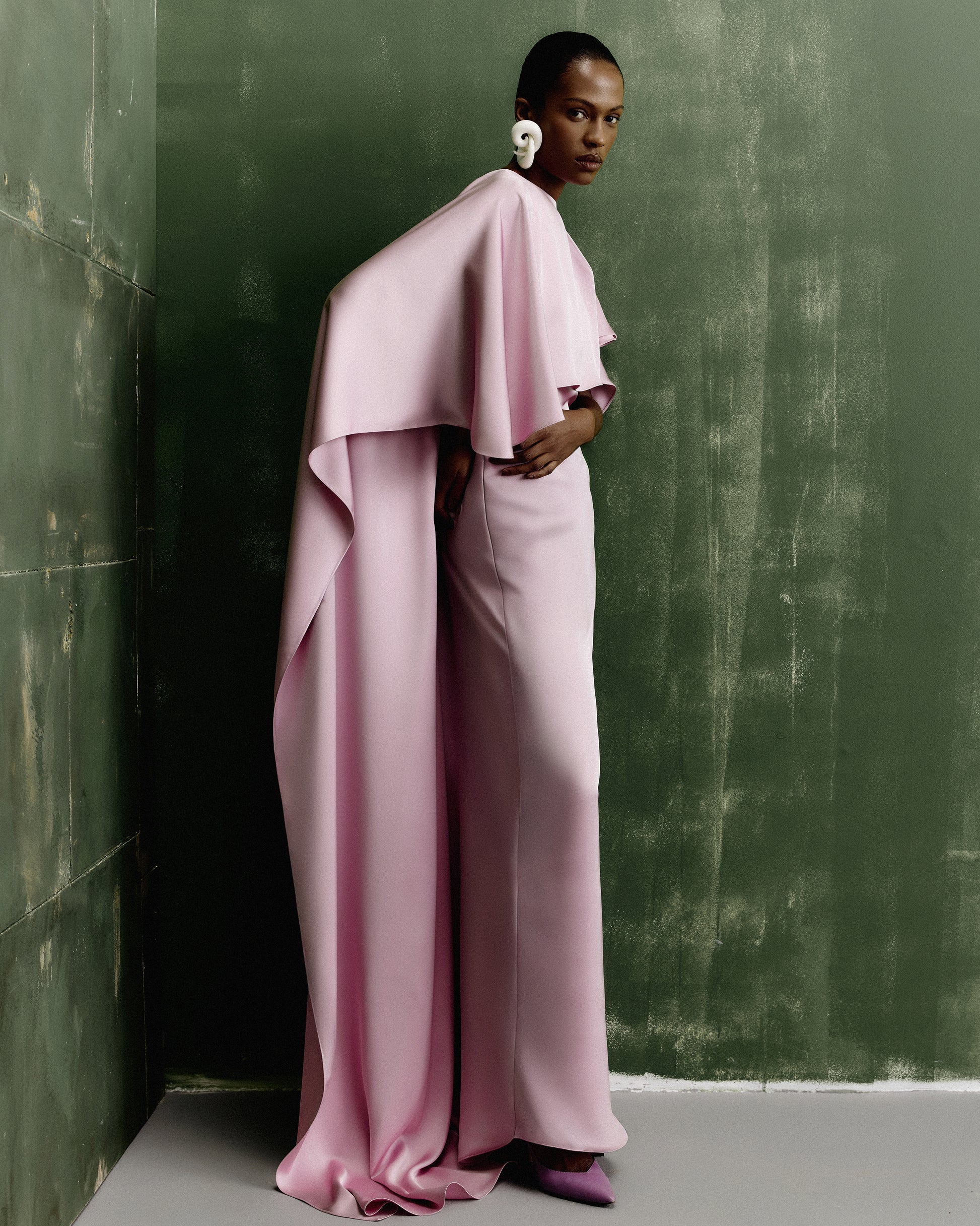 Crew-Neck Cape-Style V-Back Satin Evening Gown