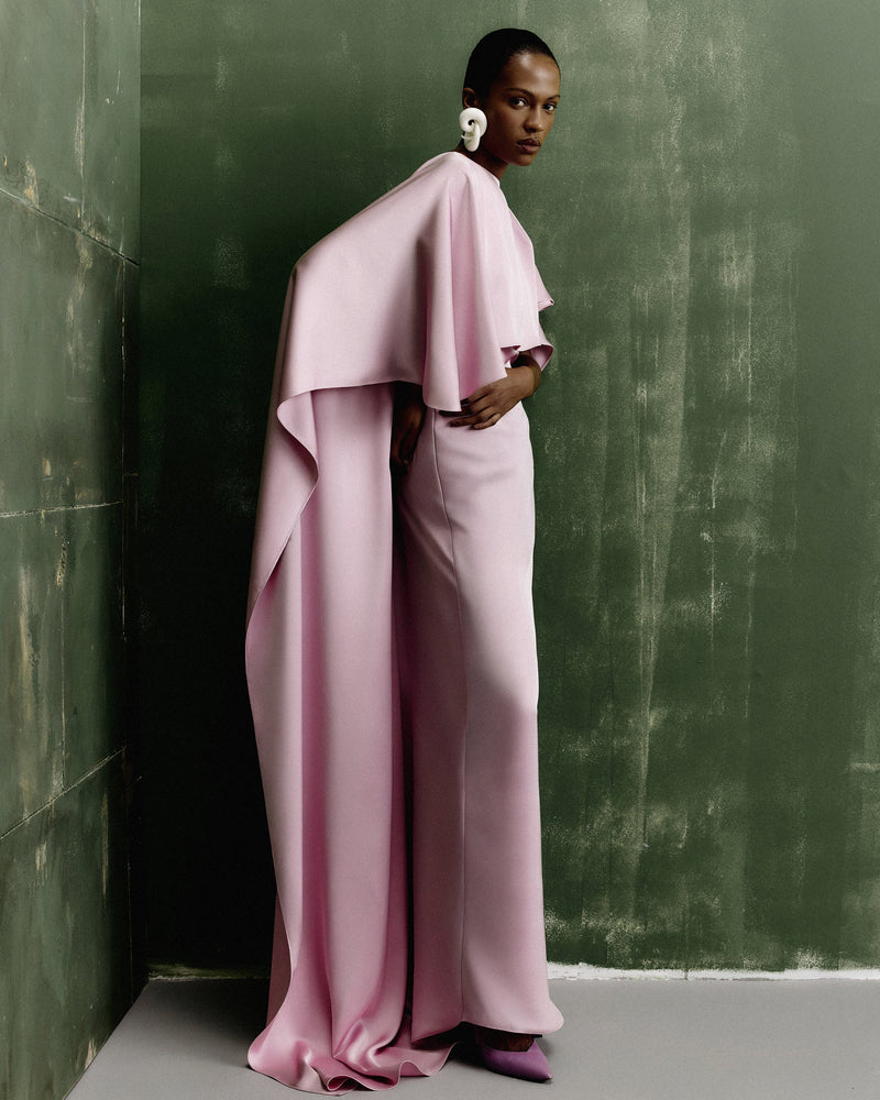 Crew-Neck Cape-Style V-Back Satin Evening Gown