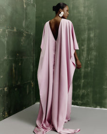 Crew-Neck Cape-Style V-Back Satin Evening Gown