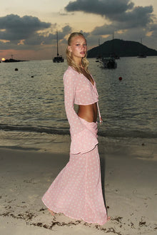 Polka-Dot V-Neck Tie-Detail Long-Sleeve Top and Low-Rise Ruched Maxi Skirt Two-Piece Set