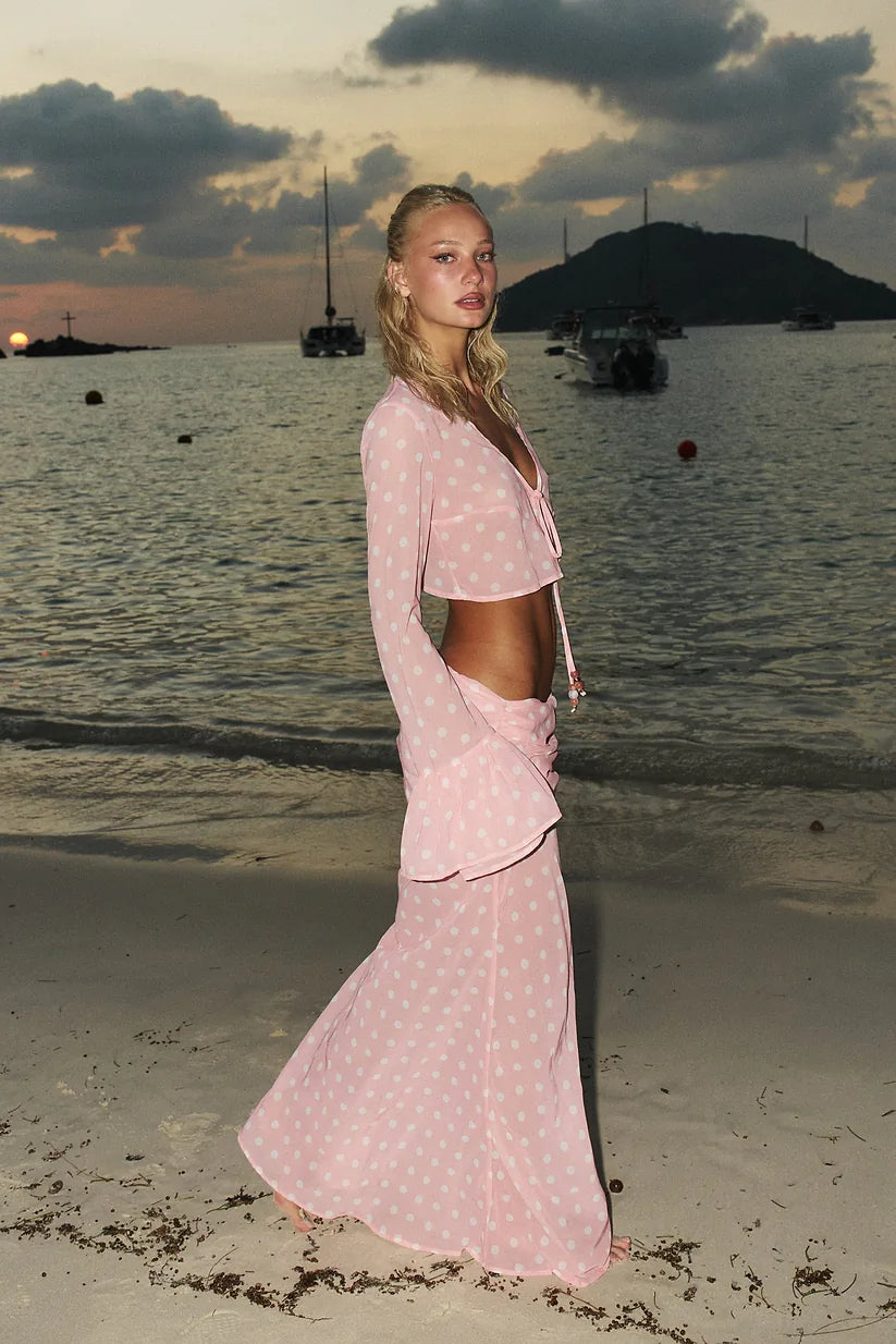 Polka-Dot V-Neck Tie-Detail Long-Sleeve Top and Low-Rise Ruched Maxi Skirt Two-Piece Set