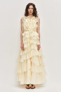 Tiered Ruffle Sleeveless V-Neck Metal-Detail Pale Yellow Resort Dress