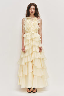 Tiered Ruffle Sleeveless V-Neck Metal-Detail Pale Yellow Resort Dress