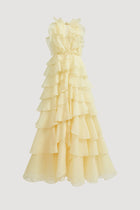 Tiered Ruffle Sleeveless V-Neck Metal-Detail Pale Yellow Resort Dress