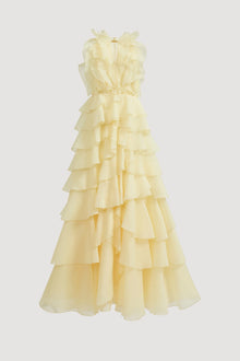 Tiered Ruffle Sleeveless V-Neck Metal-Detail Pale Yellow Resort Dress