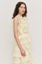 Tiered Ruffle Sleeveless V-Neck Metal-Detail Pale Yellow Resort Dress
