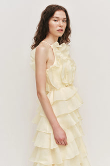 Tiered Ruffle Sleeveless V-Neck Metal-Detail Pale Yellow Resort Dress