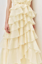 Tiered Ruffle Sleeveless V-Neck Metal-Detail Pale Yellow Resort Dress