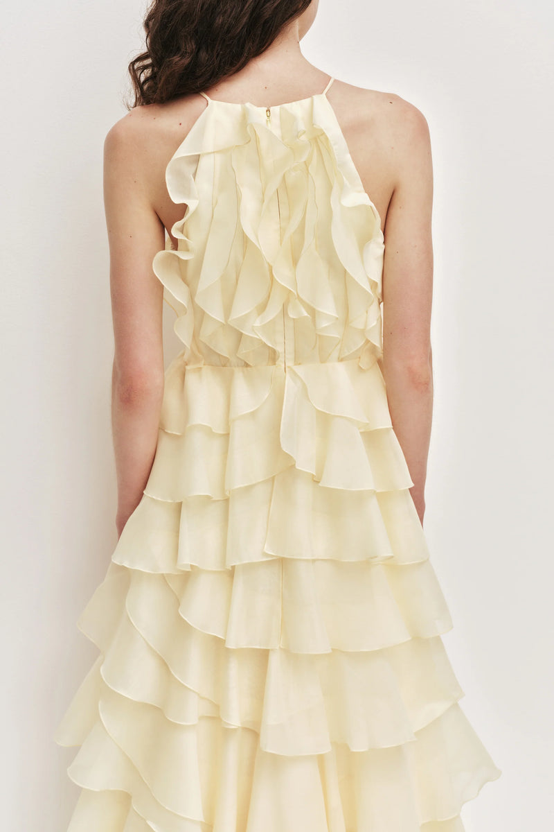Tiered Ruffle Sleeveless V-Neck Metal-Detail Pale Yellow Resort Dress