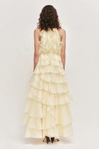 Tiered Ruffle Sleeveless V-Neck Metal-Detail Pale Yellow Resort Dress