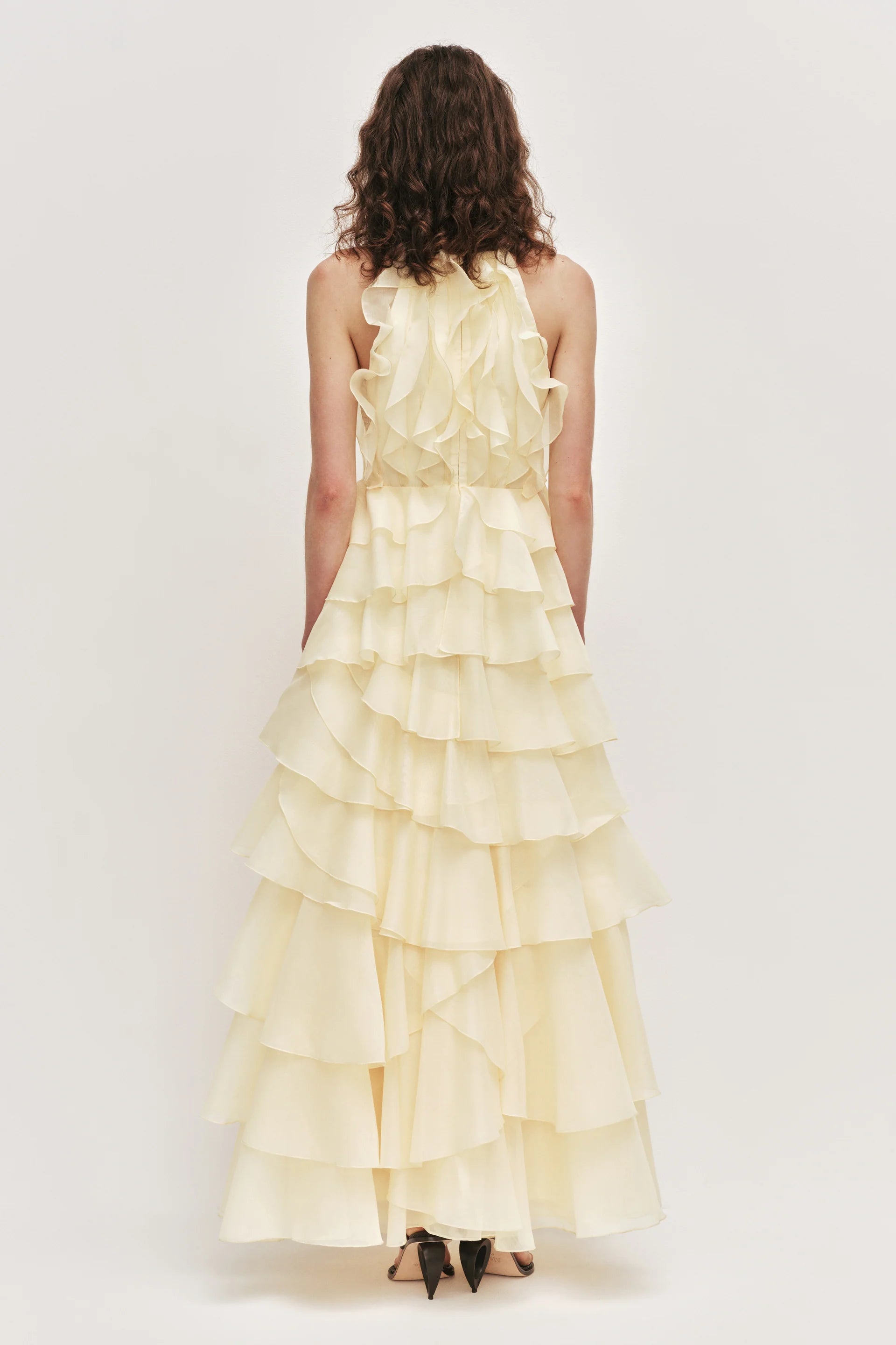 Tiered Ruffle Sleeveless V-Neck Metal-Detail Pale Yellow Resort Dress