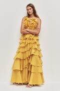 Tiered Ruffle Sleeveless V-Neck Metal-Detail Egg Yolk Yellow Resort Dress