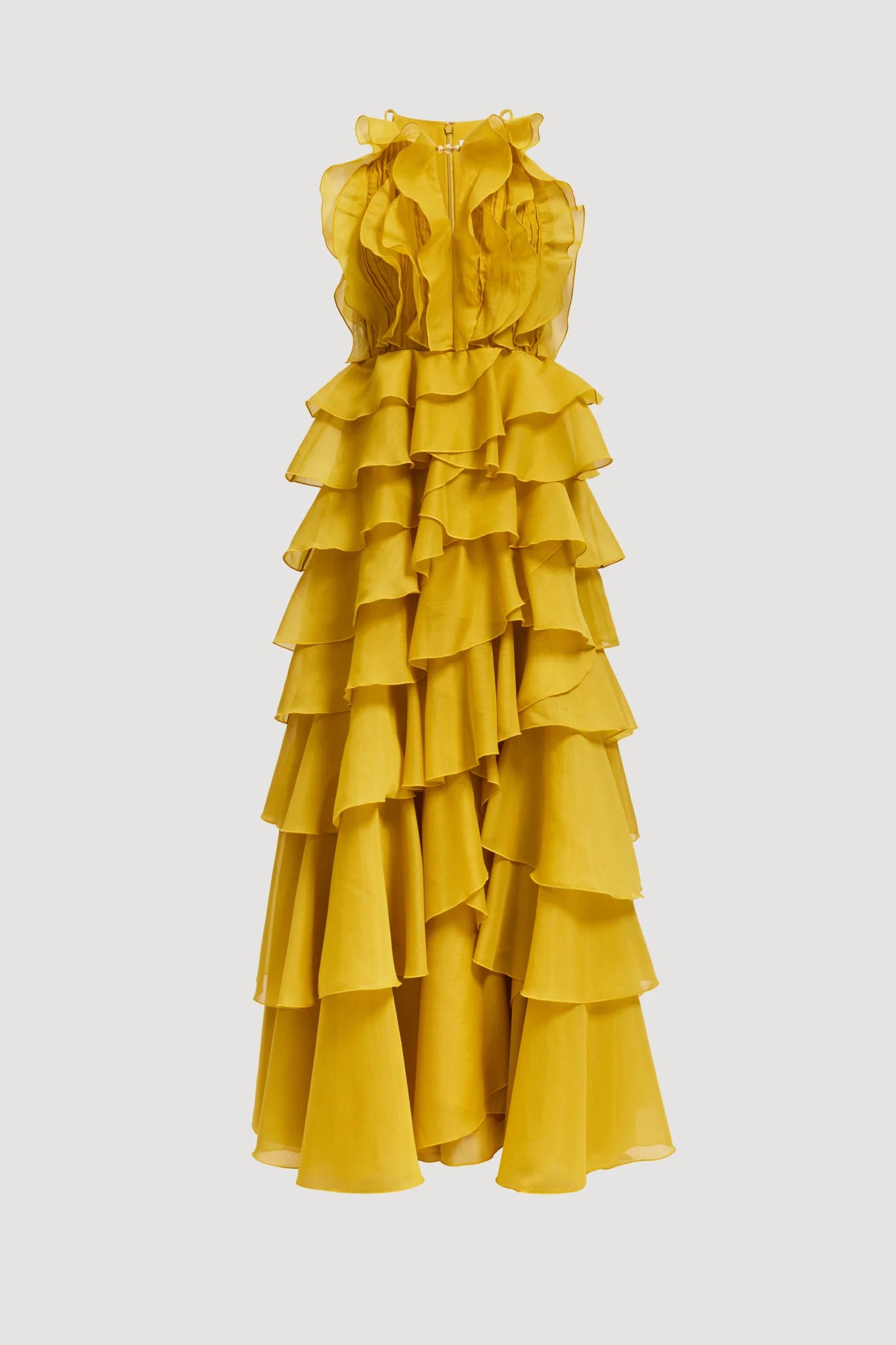 Tiered Ruffle Sleeveless V-Neck Metal-Detail Egg Yolk Yellow Resort Dress