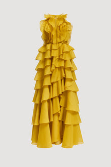 Tiered Ruffle Sleeveless V-Neck Metal-Detail Egg Yolk Yellow Resort Dress