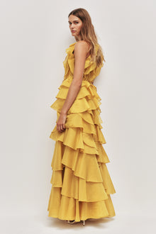 Tiered Ruffle Sleeveless V-Neck Metal-Detail Egg Yolk Yellow Resort Dress