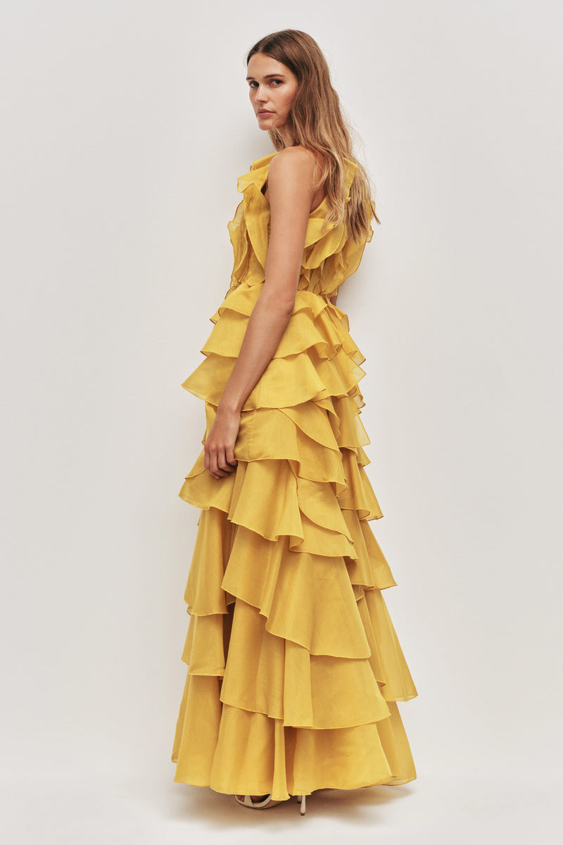 Tiered Ruffle Sleeveless V-Neck Metal-Detail Egg Yolk Yellow Resort Dress