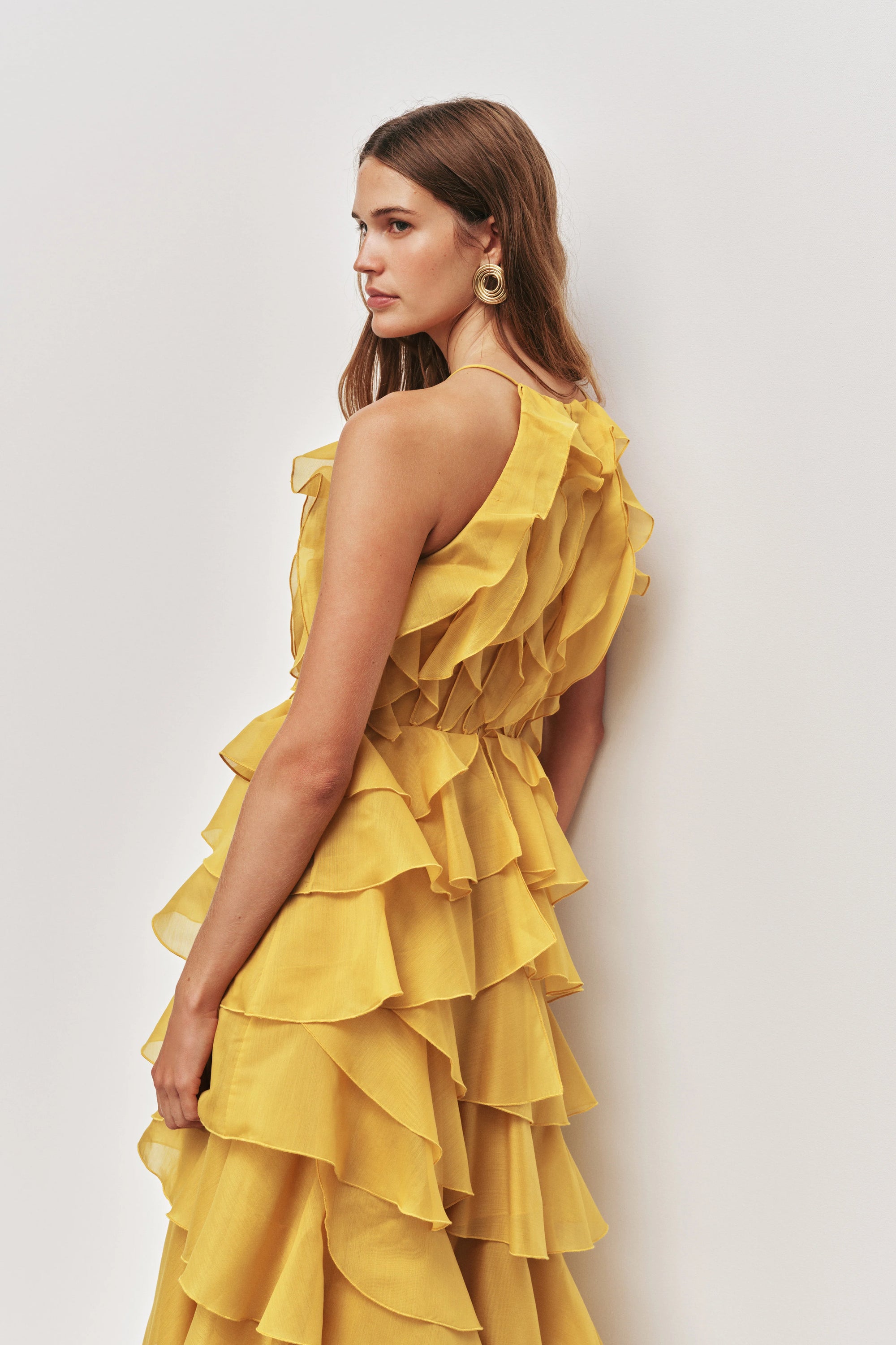 Tiered Ruffle Sleeveless V-Neck Metal-Detail Egg Yolk Yellow Resort Dress