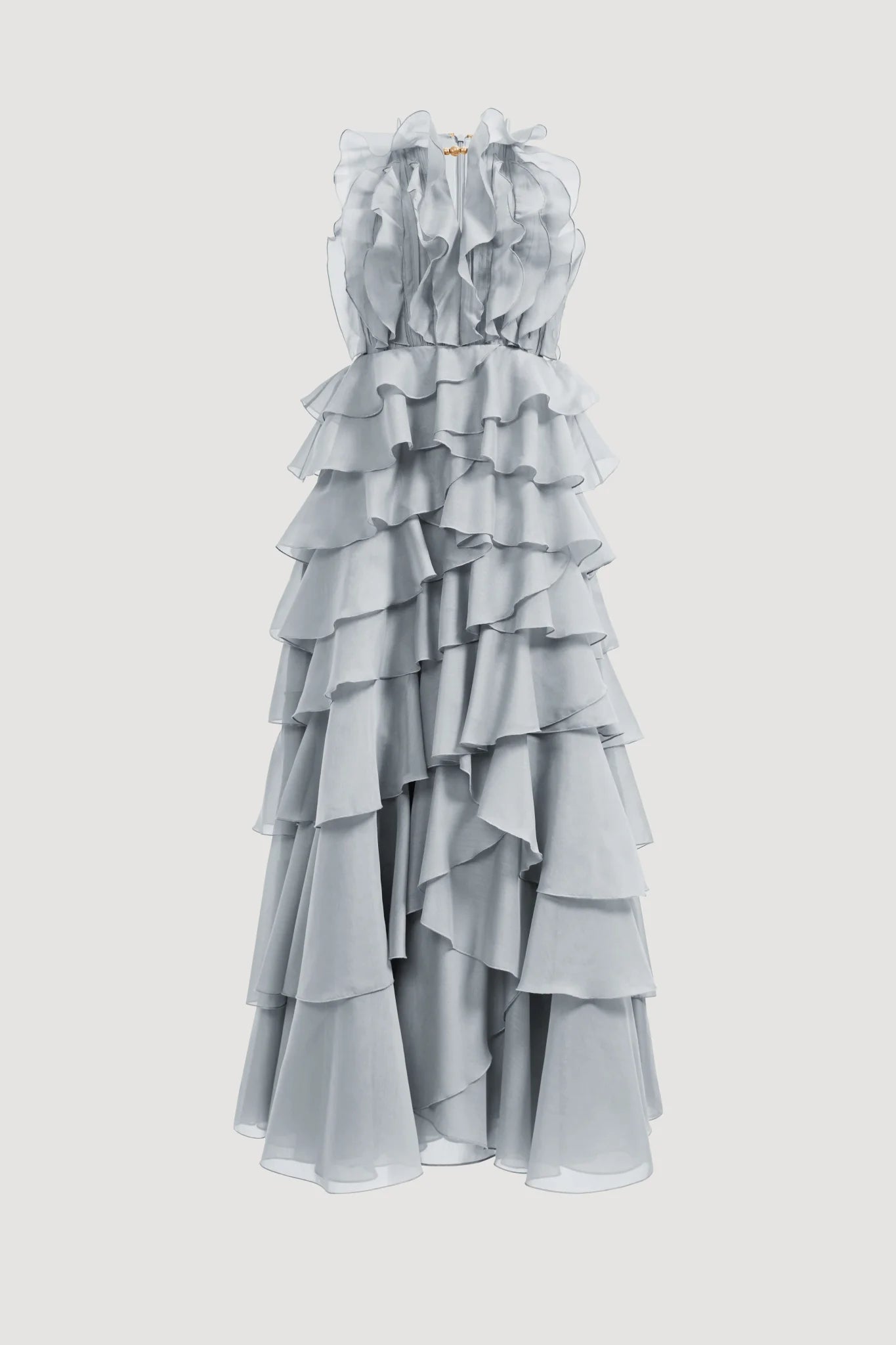 Tiered Ruffle Sleeveless V-Neck Metal-Detail Dusty Blue Resort Dress