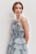Tiered Ruffle Sleeveless V-Neck Metal-Detail Dusty Blue Resort Dress