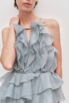 Tiered Ruffle Sleeveless V-Neck Metal-Detail Dusty Blue Resort Dress