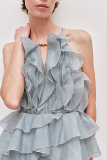 Tiered Ruffle Sleeveless V-Neck Metal-Detail Dusty Blue Resort Dress