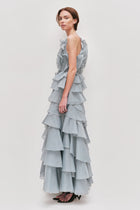 Tiered Ruffle Sleeveless V-Neck Metal-Detail Dusty Blue Resort Dress