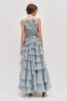 Tiered Ruffle Sleeveless V-Neck Metal-Detail Dusty Blue Resort Dress
