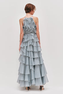 Tiered Ruffle Sleeveless V-Neck Metal-Detail Dusty Blue Resort Dress