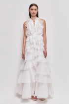 Tiered Ruffle Sleeveless V-Neck Metal-Detail White Resort Dress