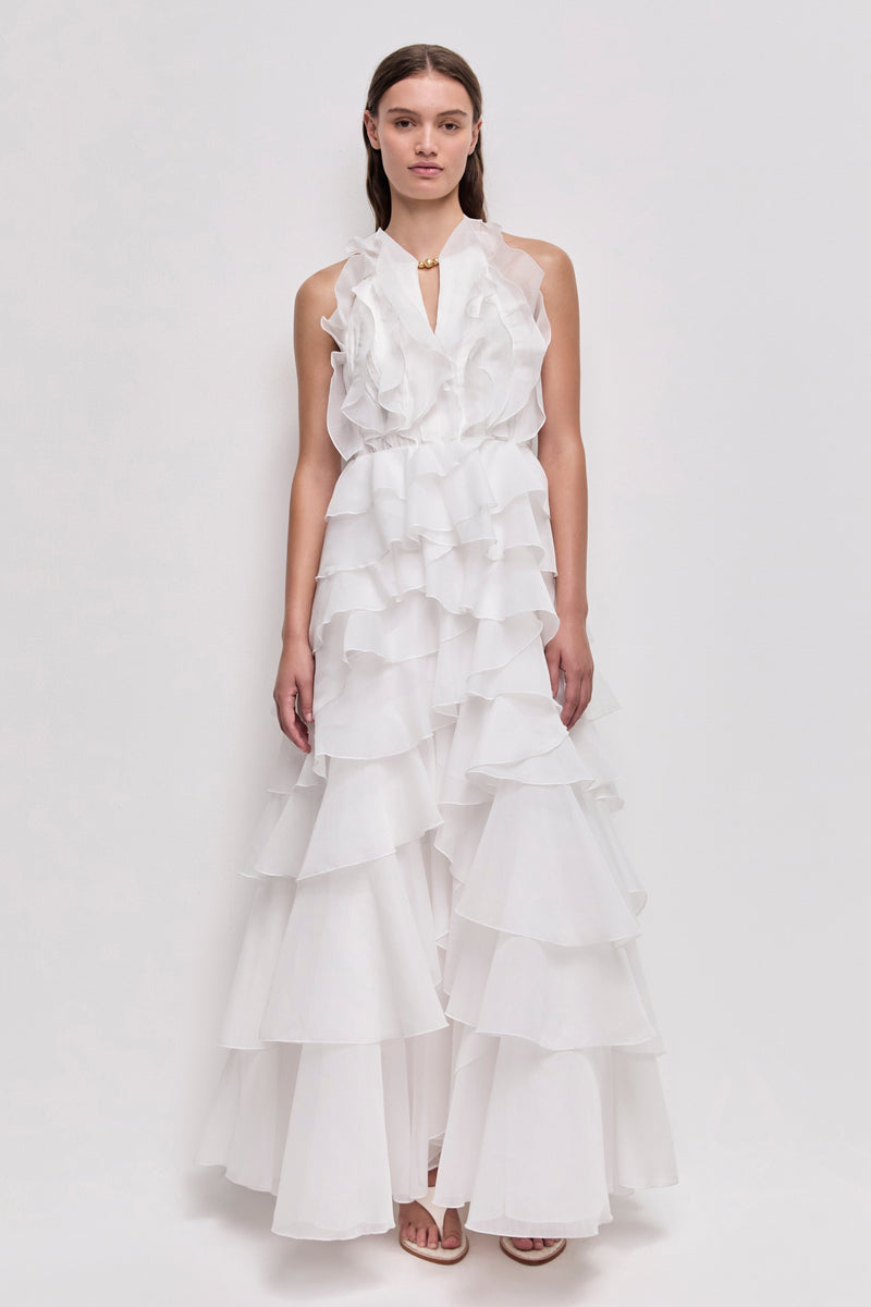 Tiered Ruffle Sleeveless V-Neck Metal-Detail White Resort Dress