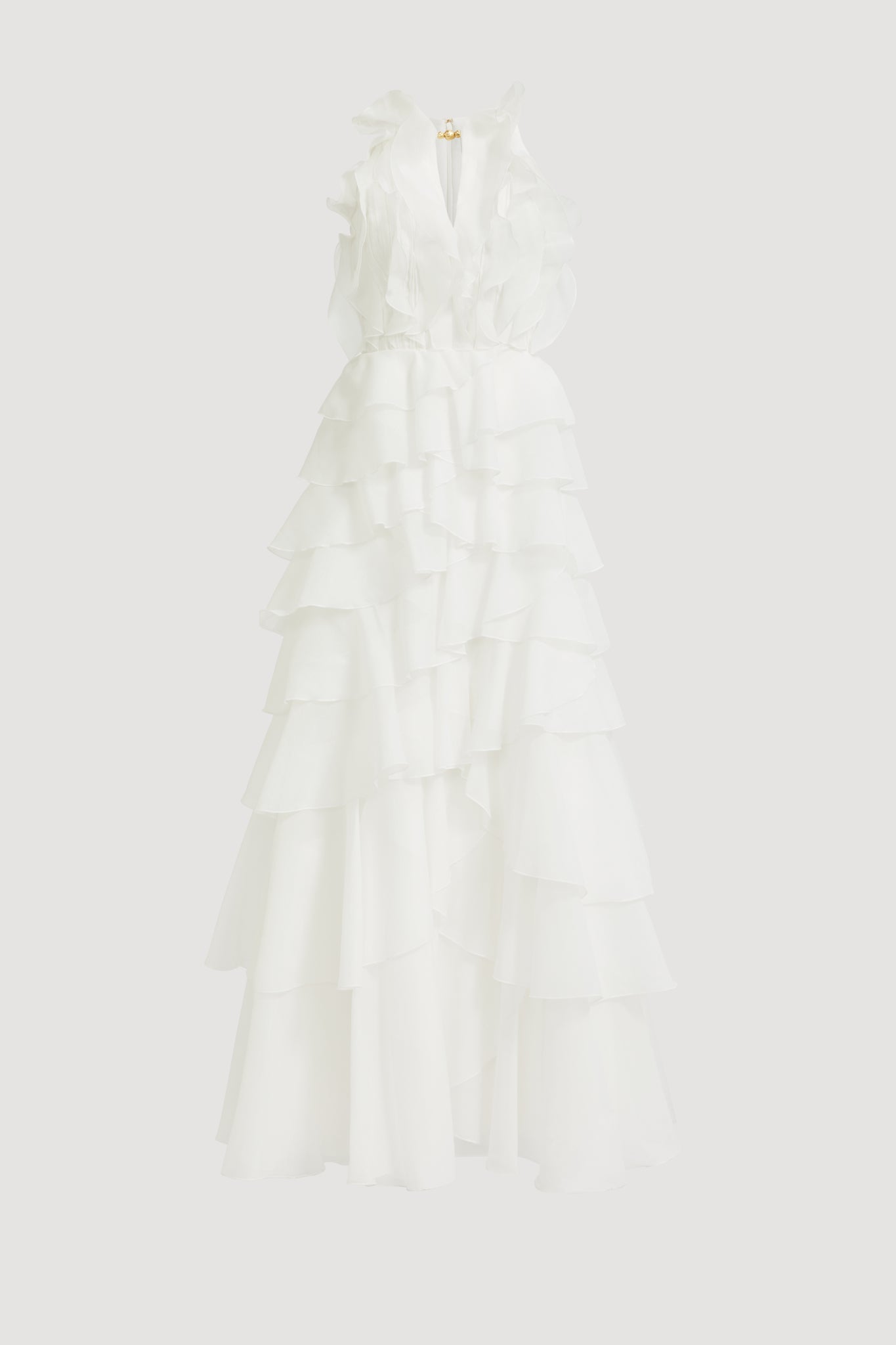 Tiered Ruffle Sleeveless V-Neck Metal-Detail White Resort Dress