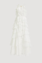 Tiered Ruffle Sleeveless V-Neck Metal-Detail White Resort Dress