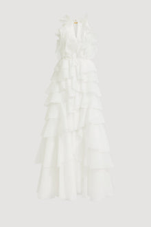 Tiered Ruffle Sleeveless V-Neck Metal-Detail White Resort Dress