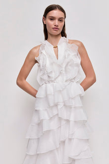 Tiered Ruffle Sleeveless V-Neck Metal-Detail White Resort Dress