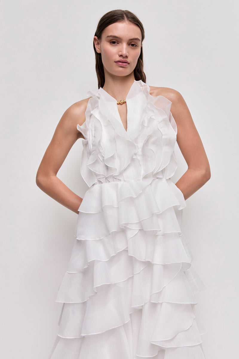 Tiered Ruffle Sleeveless V-Neck Metal-Detail White Resort Dress