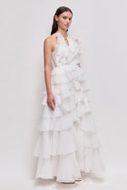 Tiered Ruffle Sleeveless V-Neck Metal-Detail White Resort Dress