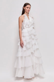 Tiered Ruffle Sleeveless V-Neck Metal-Detail White Resort Dress