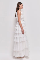 Tiered Ruffle Sleeveless V-Neck Metal-Detail White Resort Dress