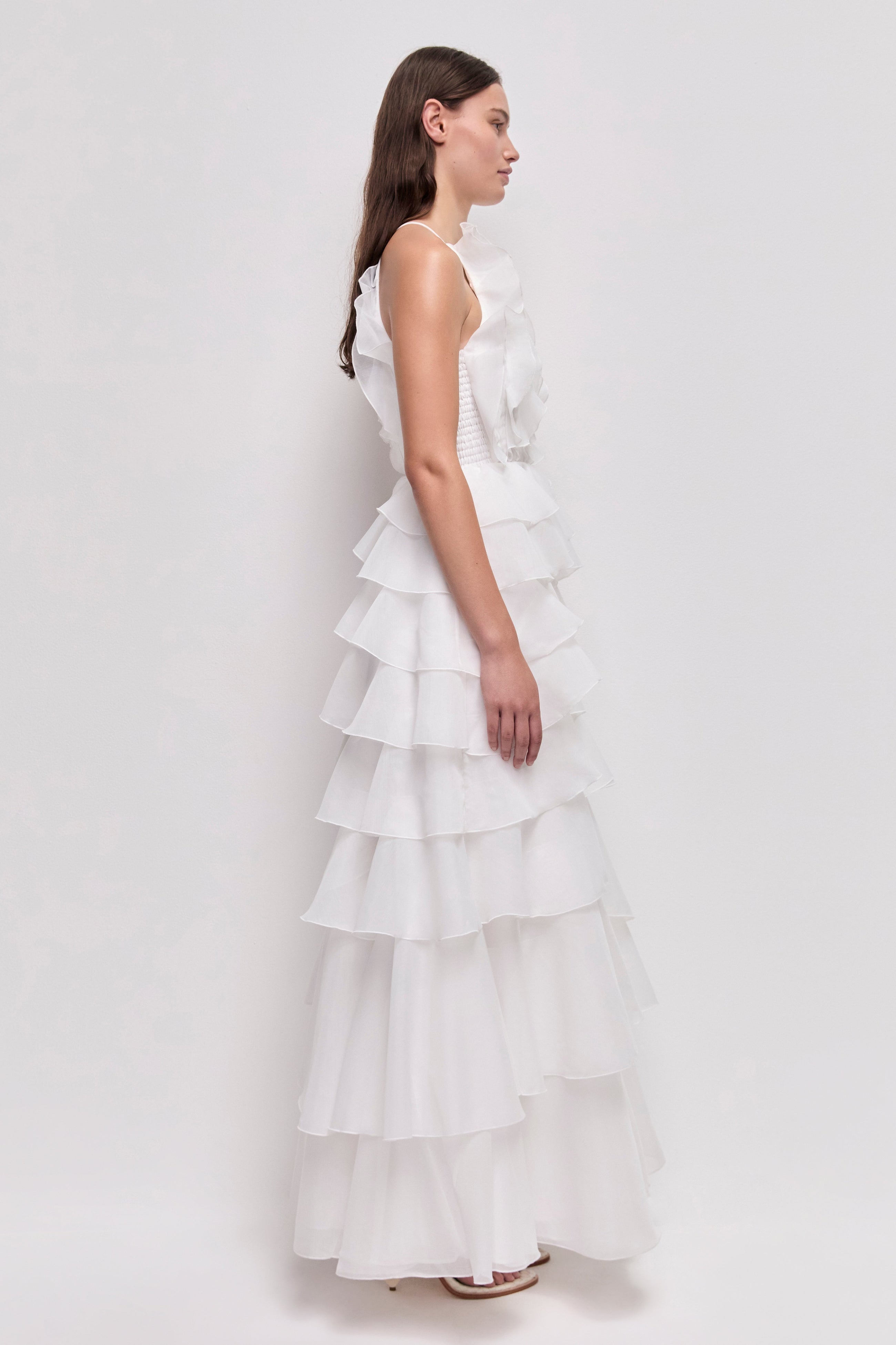 Tiered Ruffle Sleeveless V-Neck Metal-Detail White Resort Dress