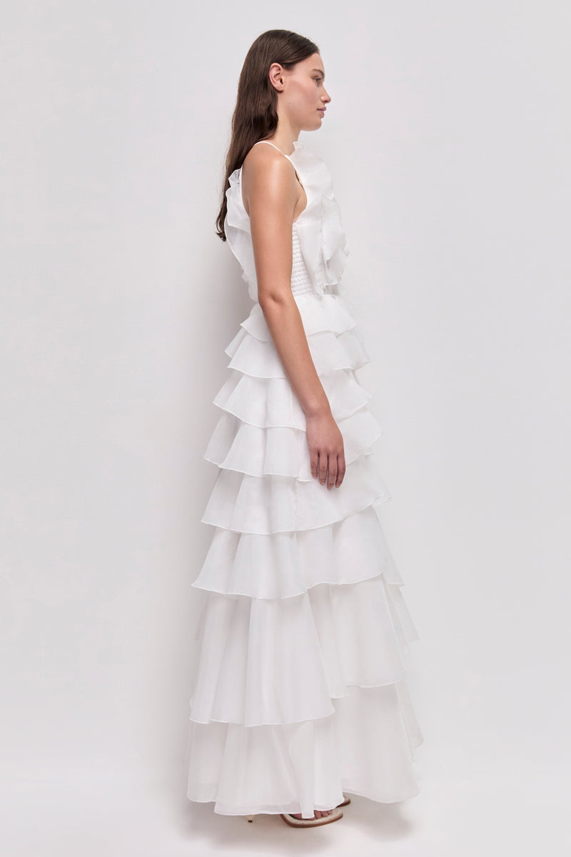 Tiered Ruffle Sleeveless V-Neck Metal-Detail White Resort Dress