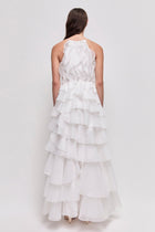 Tiered Ruffle Sleeveless V-Neck Metal-Detail White Resort Dress