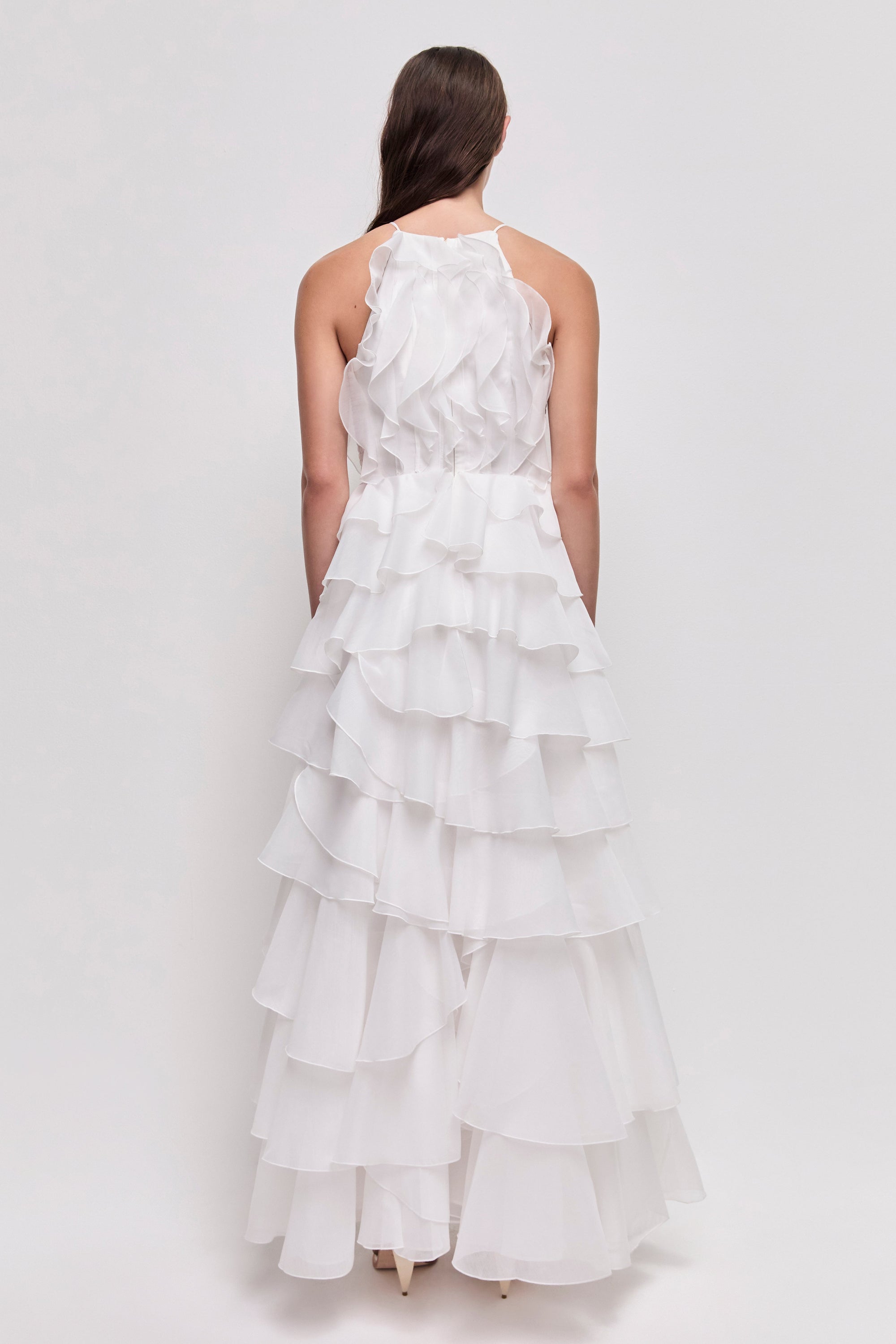 Tiered Ruffle Sleeveless V-Neck Metal-Detail White Resort Dress