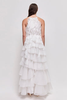 Tiered Ruffle Sleeveless V-Neck Metal-Detail White Resort Dress