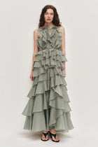 Tiered Ruffle Sleeveless V-Neck Metal-Detail Pale Moss Green Resort Dress