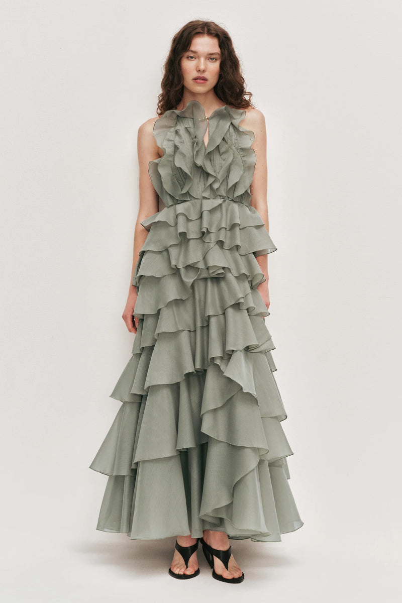 Tiered Ruffle Sleeveless V-Neck Metal-Detail Pale Moss Green Resort Dress