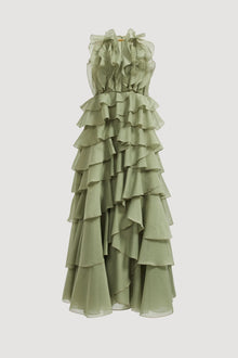 Tiered Ruffle Sleeveless V-Neck Metal-Detail Pale Moss Green Resort Dress