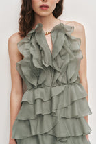 Tiered Ruffle Sleeveless V-Neck Metal-Detail Pale Moss Green Resort Dress