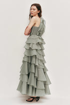 Tiered Ruffle Sleeveless V-Neck Metal-Detail Pale Moss Green Resort Dress